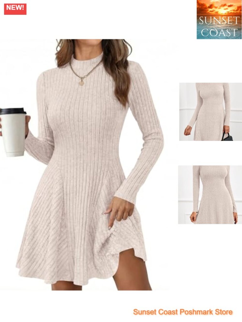 Ribbed Knit Sweater Dress Mock Neck Long Sleeve A-Line Mini